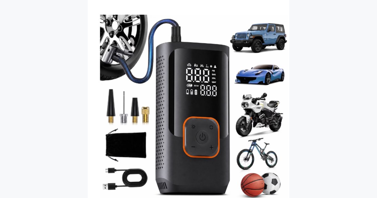 58% OFF · ABSOKE Tire Inflator Portable Air Compressor, 150PSI Cordless Air Pump with Digital Pressure Gauge, LED Light & Auto Shut-Off for Car Motorcycle Bicycle Balls
