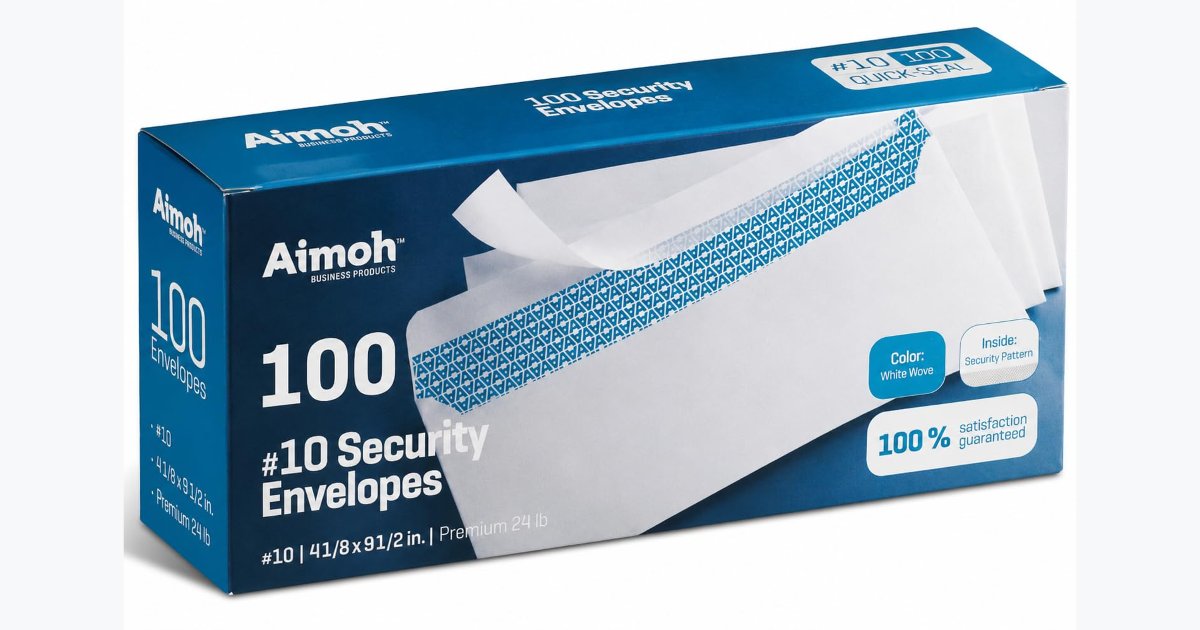 26% OFF · Aimoh #10 Security No-Window Self-Seal Envelopes, 4-1/8 x 9-1/2 in, 24 lb, White, 100 ct
