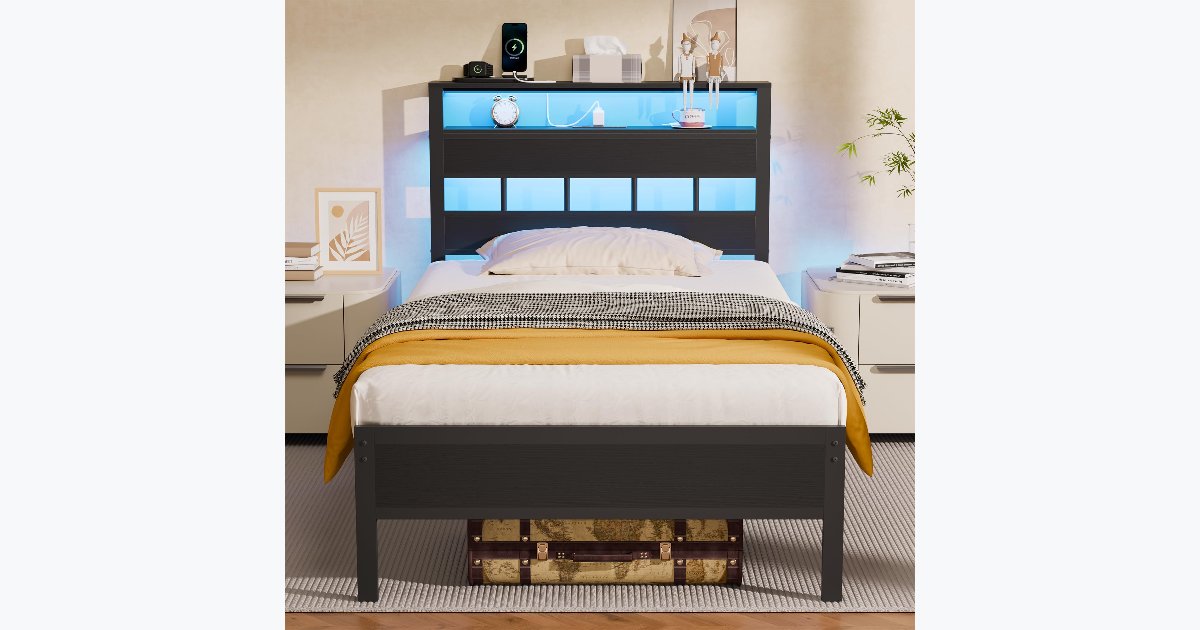 25% OFF · Furnulem Twin Bed Frame with USB-C & LED Lights - Black Oak