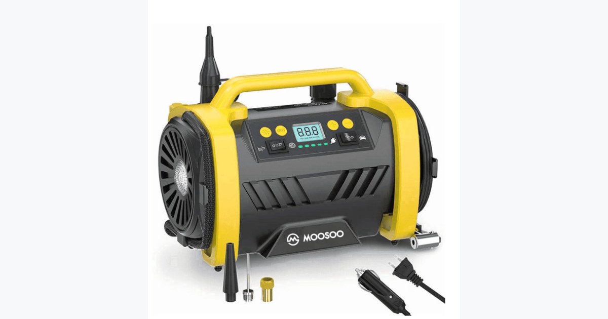 68% OFF · MOOSOO AC/DC Tire Inflator, 3 in 1 Portable Air Compressor for Car Tires with Auto Shut-off, LED Light, 150PSI Air Pump for Cars, Balls, Motorcycles