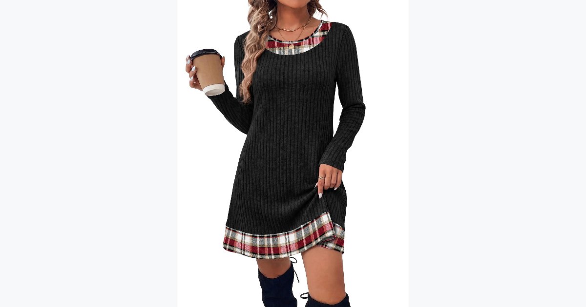 35% OFF · OFEEFAN Fall Sweater Dress, Long Sleeve, Color Block, Pockets