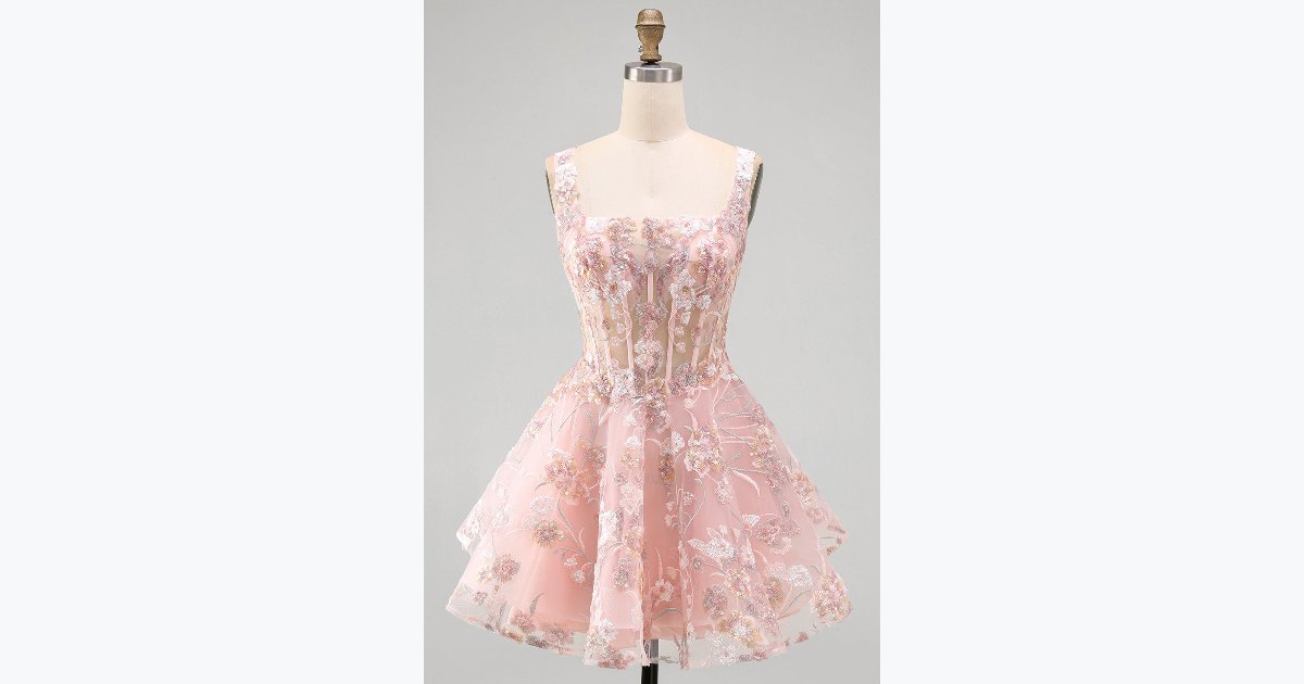 25% OFF · Pink A-Line Square Neck Sheer Corset Floral Short Homecoming Dress with Ruffles