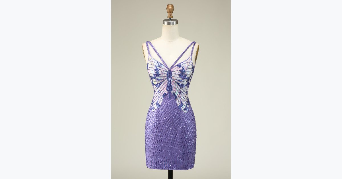 56% OFF · Sheath Spaghetti Straps Purple Sequins Short Homecoming Dress