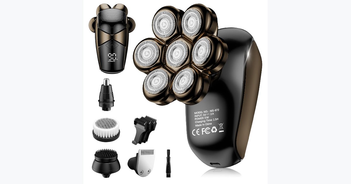 64% OFF · SHPAVVER 5-in-1 Waterproof Head Shaver IPX7