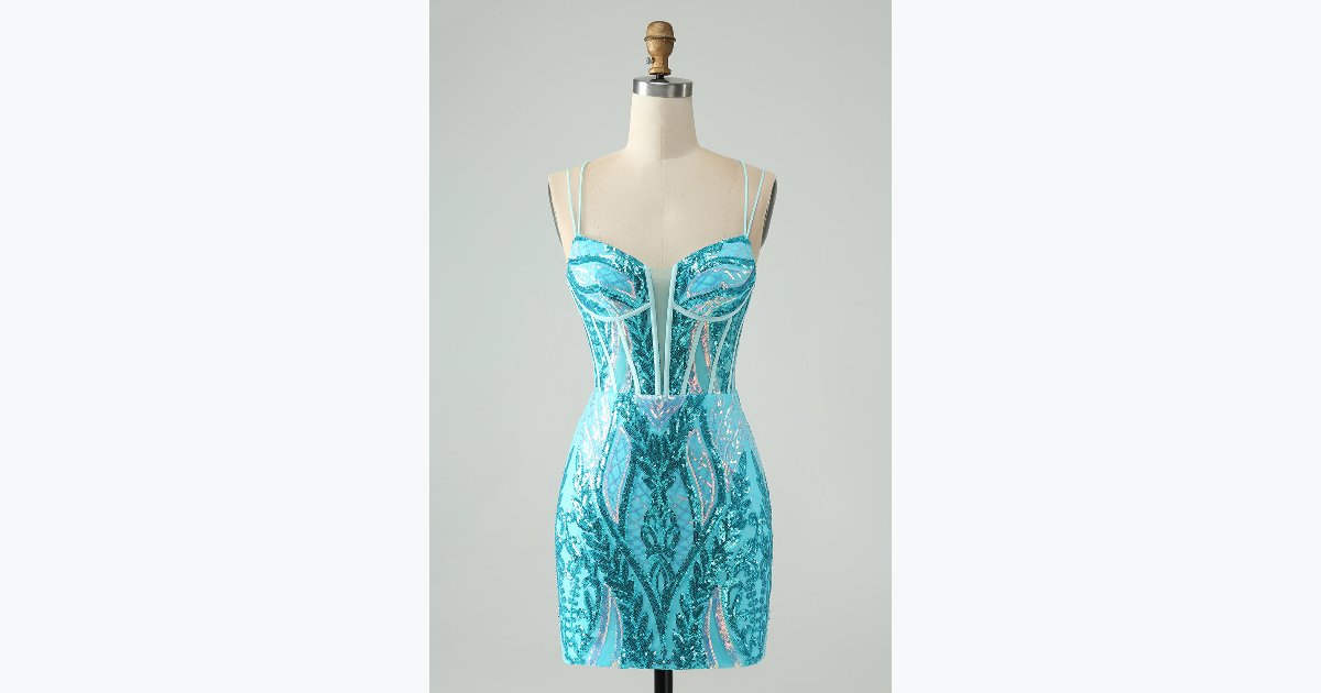 70% OFF · Sparkly Blue Bodycon Spaghetti Straps Corset Homecoming Dress with Sequins